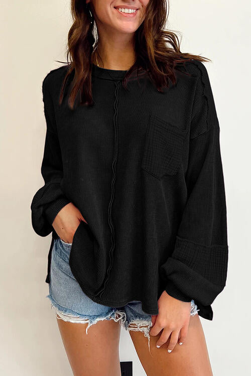 Waffle-Knit Exposed Seam Lantern Sleeve Blouse